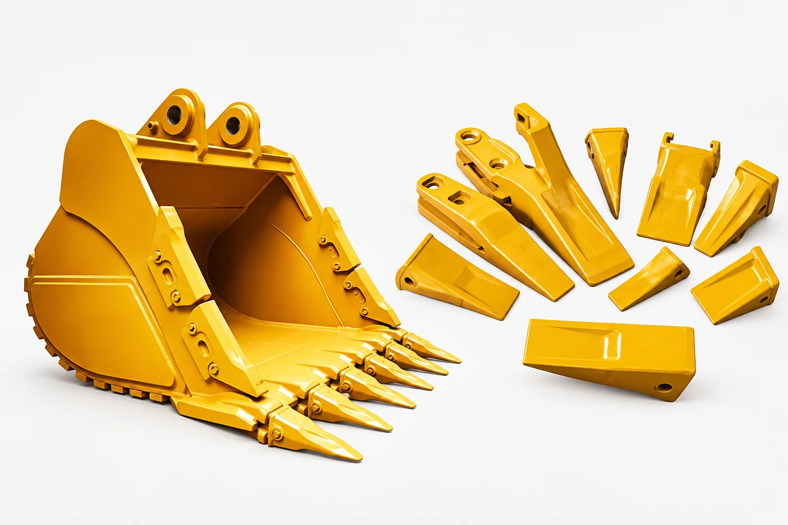 Illustrative overview of a yellow excavator bucket, teeth and adapters