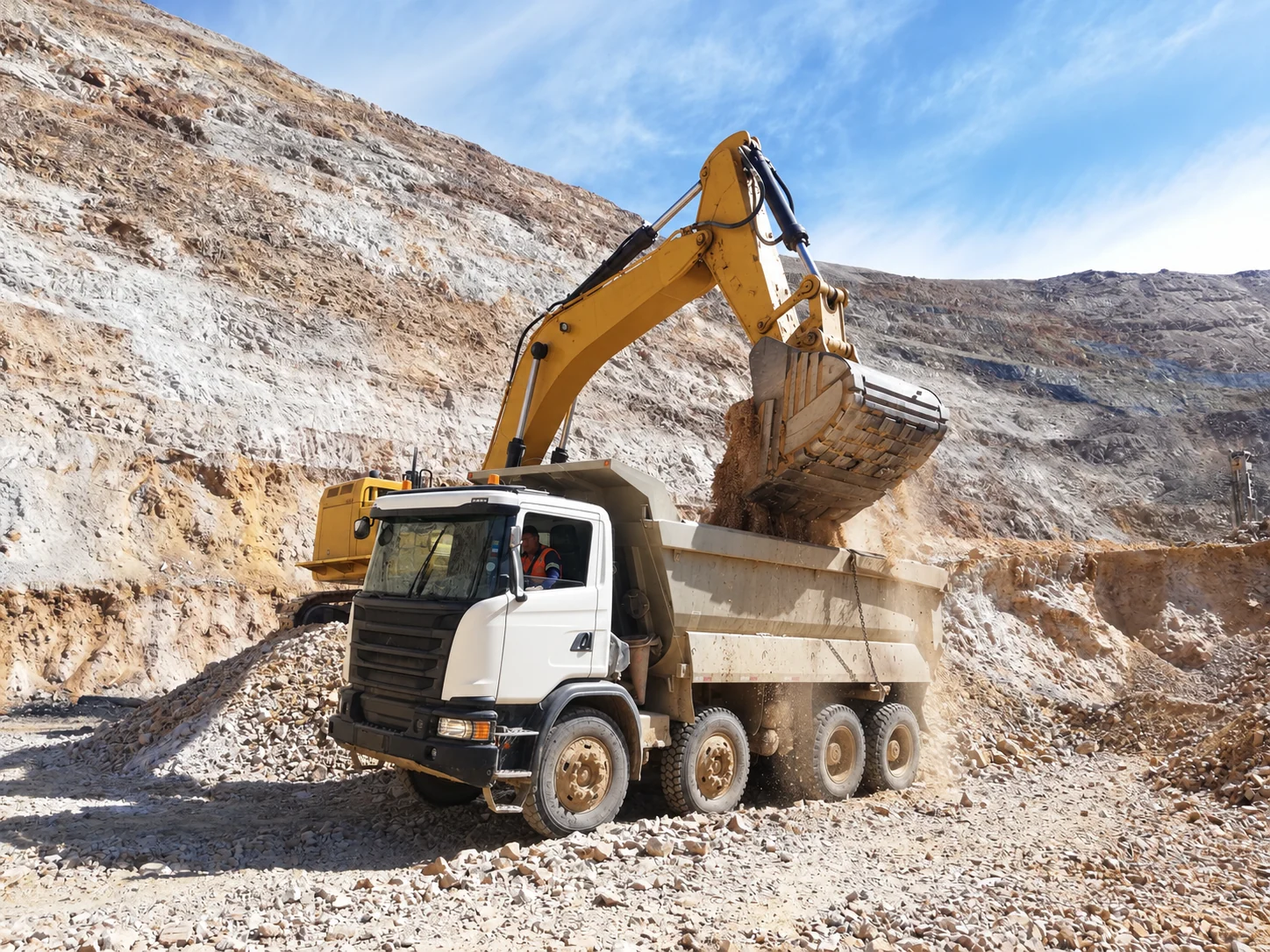 Excavator loading rock into a dump truck in a quarry